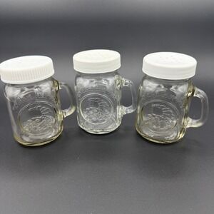 3 Vintage Golden Harvest Mini Mason Jar Shakers Glass Cornucopia Amber Clear